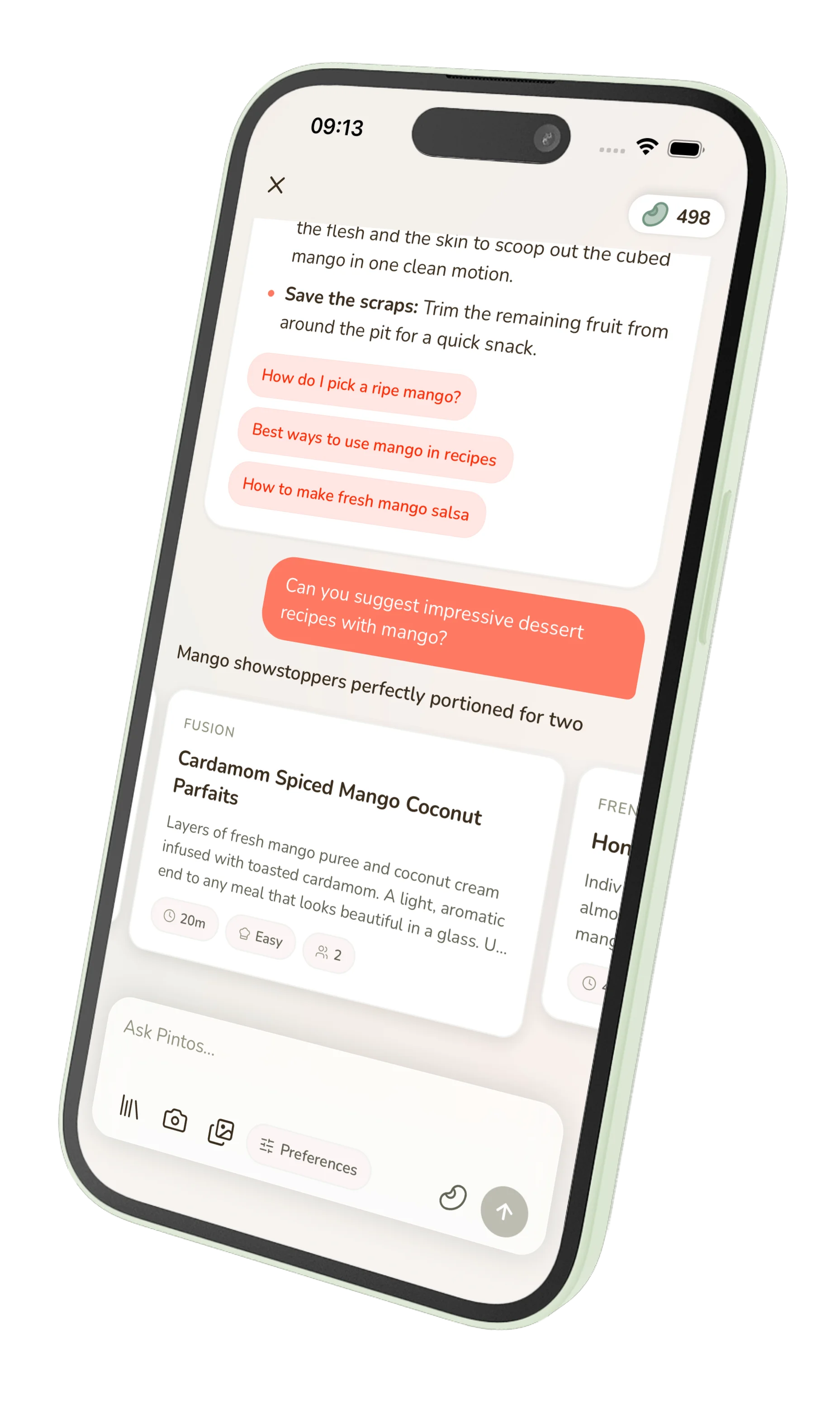Pintos AI sous-chef suggesting recipes in a chat conversation