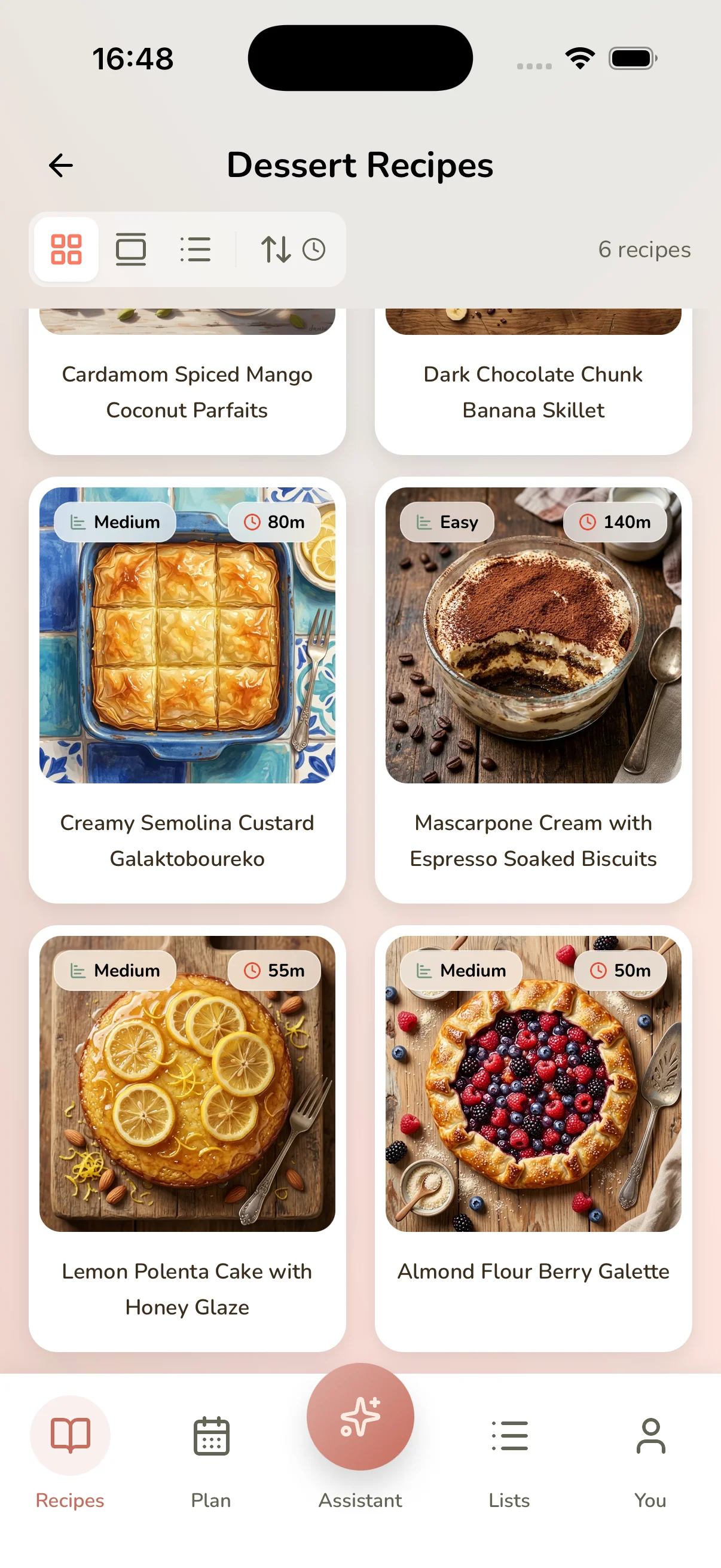 Recipe detail screen with photo, ingredients, and nutrition info