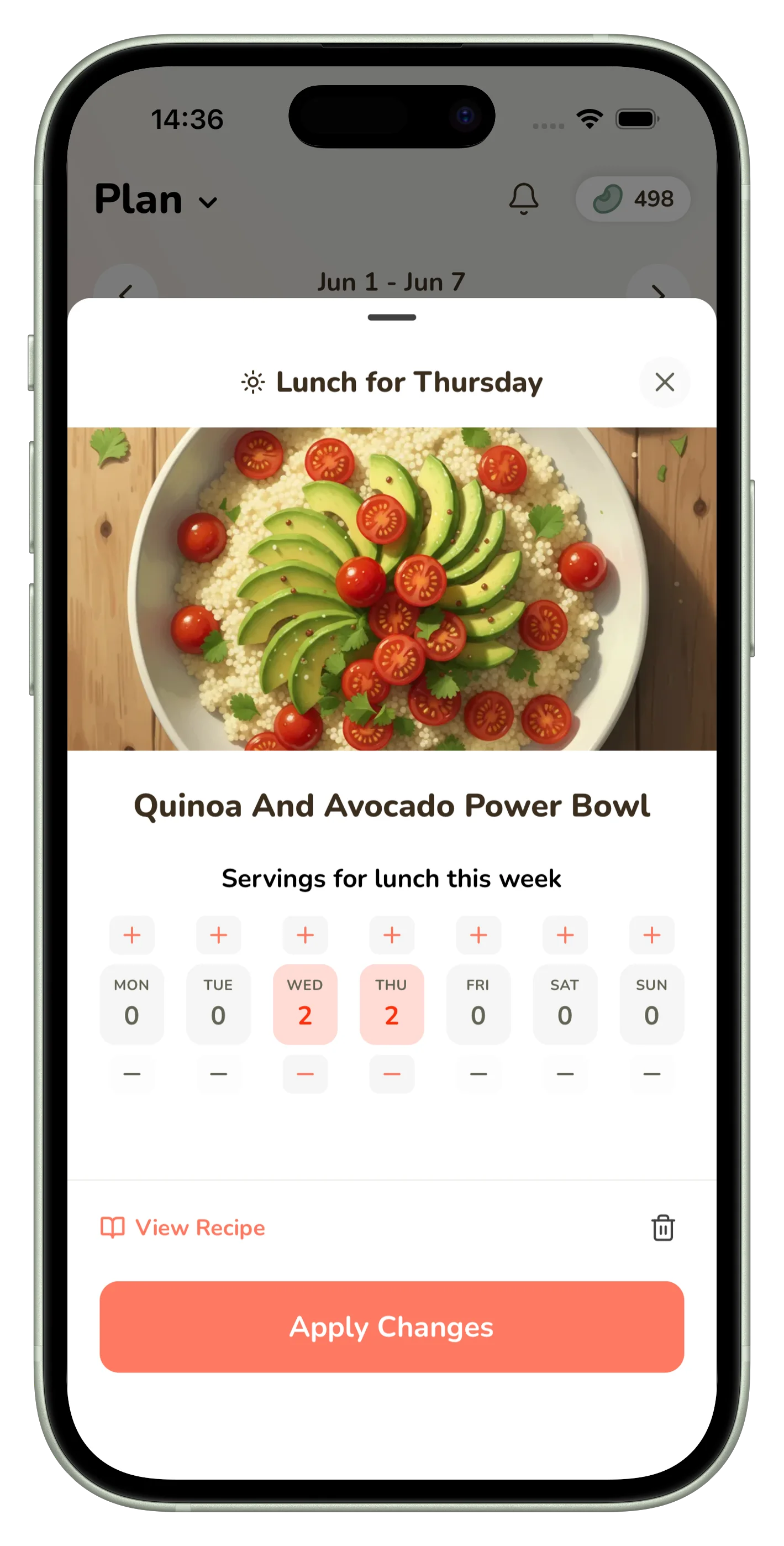 Adjusting per-day servings for a meal, with ingredients scaled automatically