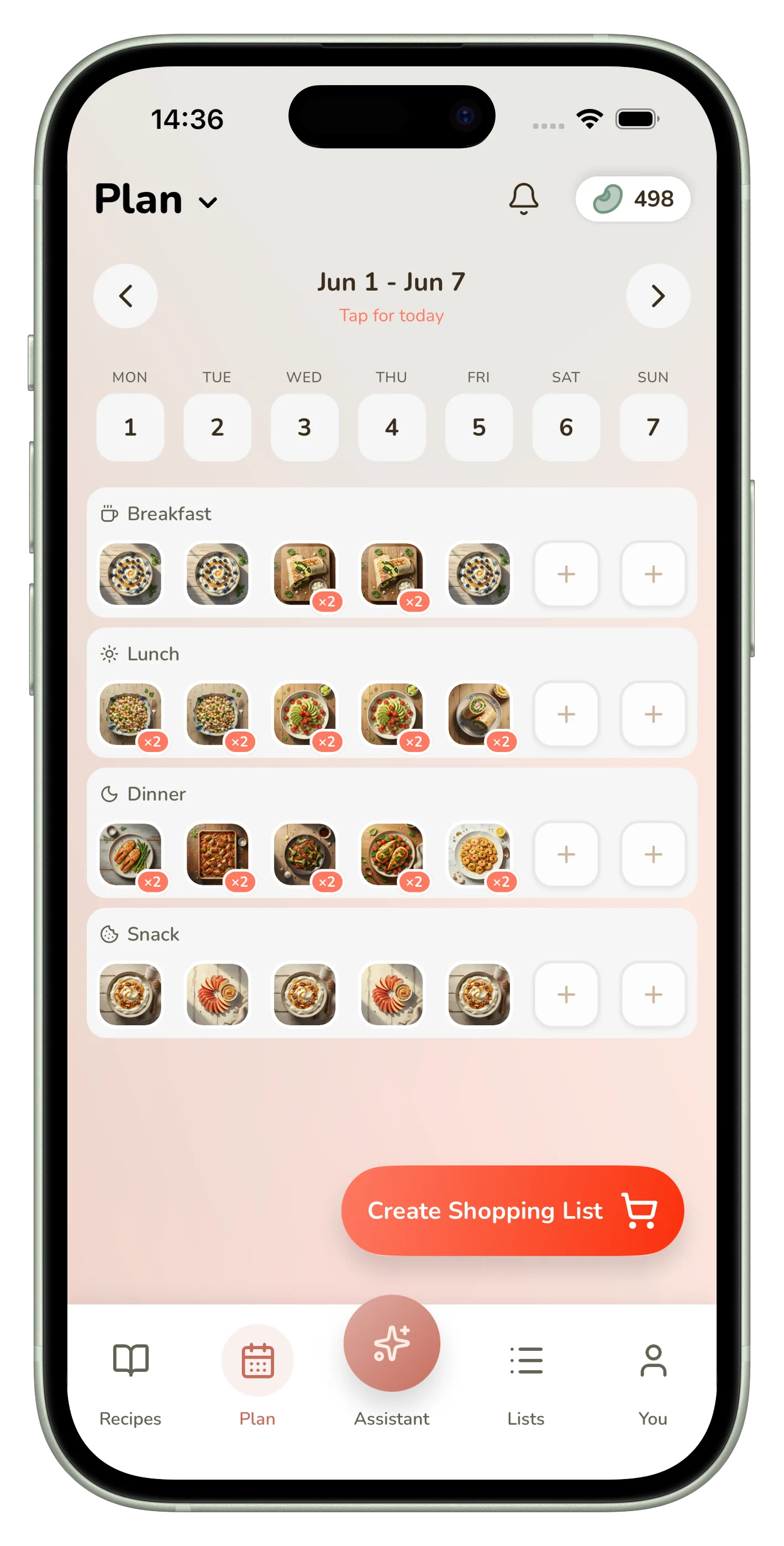 Weekly meal plan grid with breakfast, lunch, and dinner slots for each day